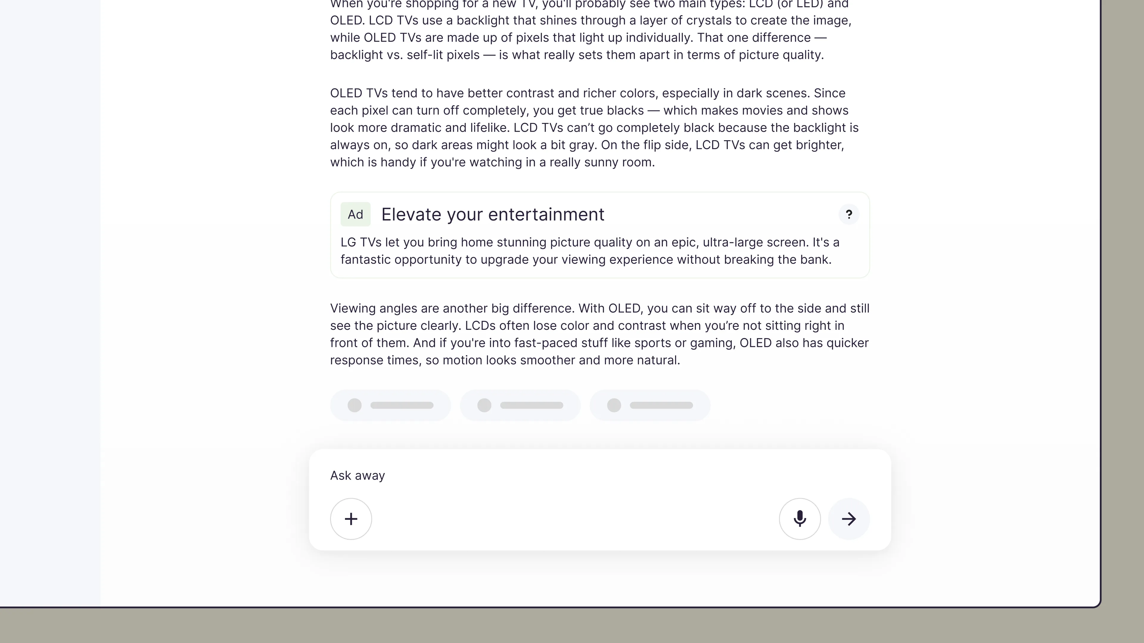 Wireframe of an AI chat interface with a sponsored product card embedded inline with the assistant's response.