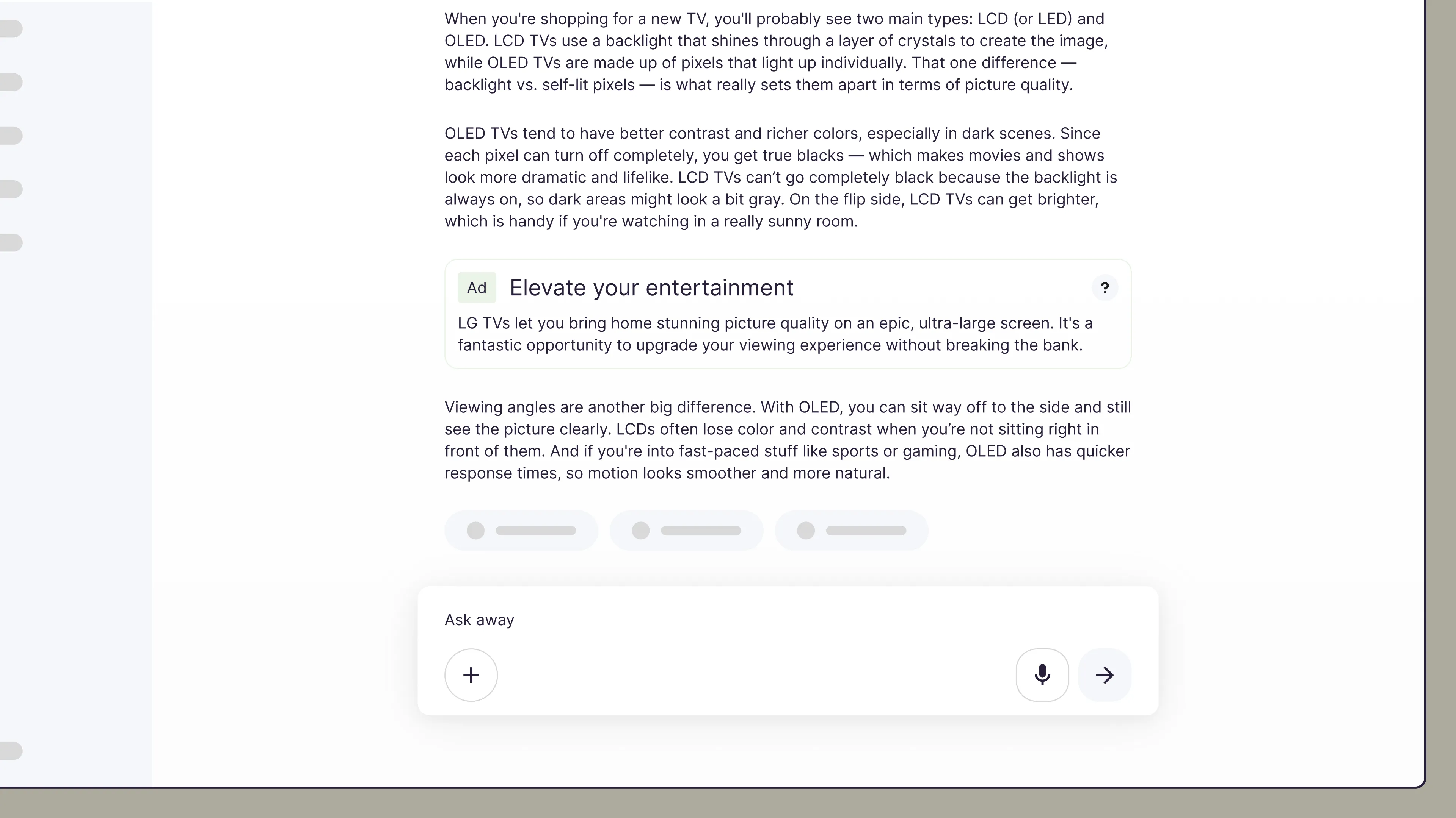Wireframe of an ad rendered as a card beneath the chat response, with an explainer link about why it was shown.