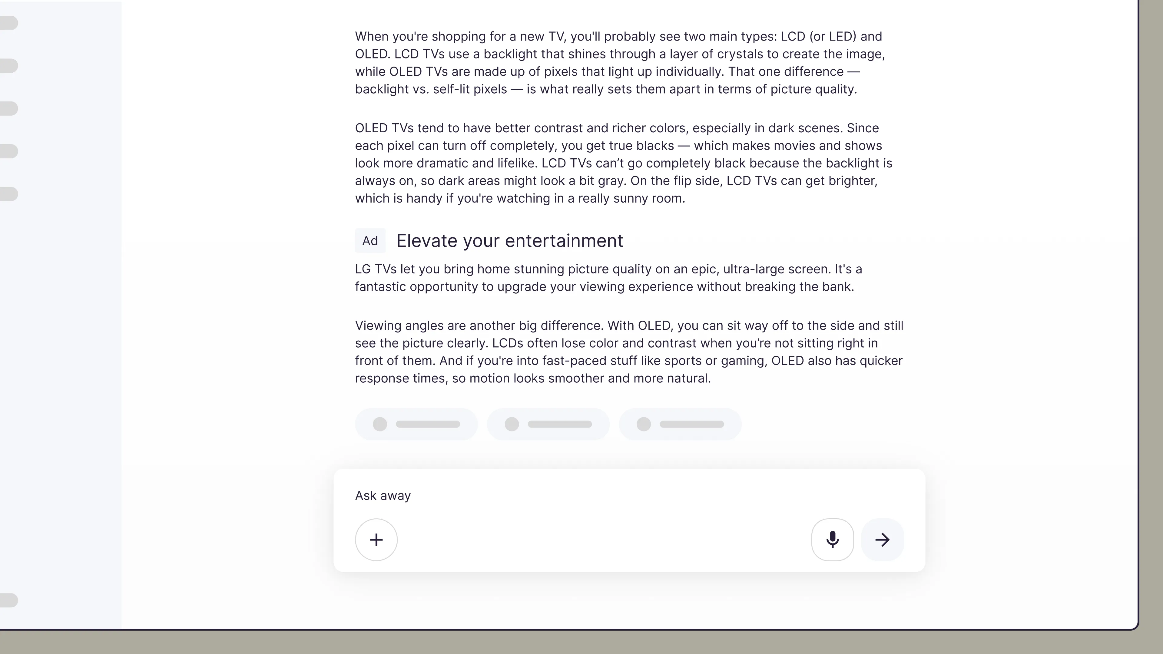 Wireframe of a chat-native ad disclosure with the assistant calling out that the next message is sponsored.