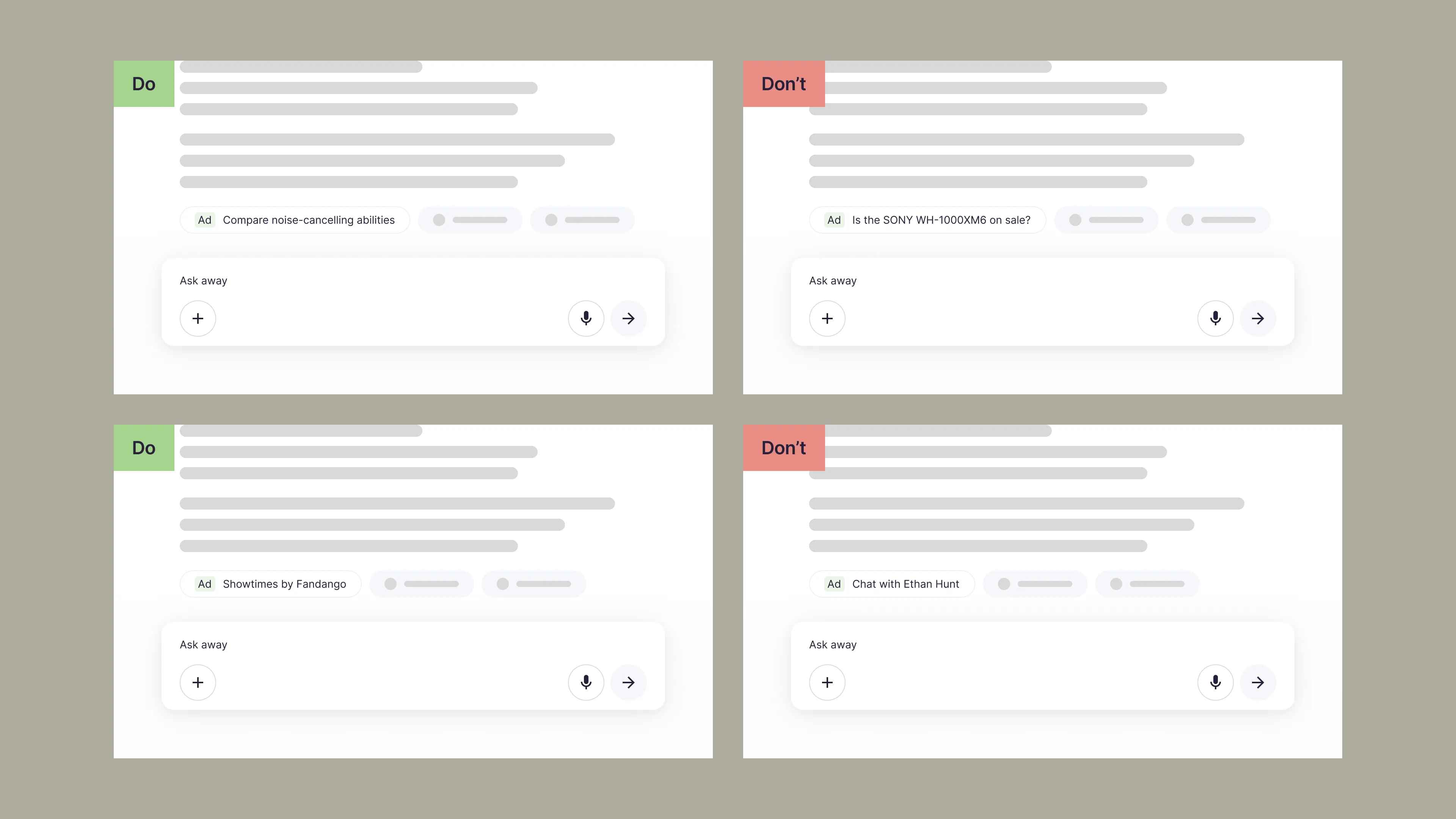 Wireframe comparing a heavy-handed sponsored prompt against a subtler, brand-aware suggestion offered alongside other refinements.