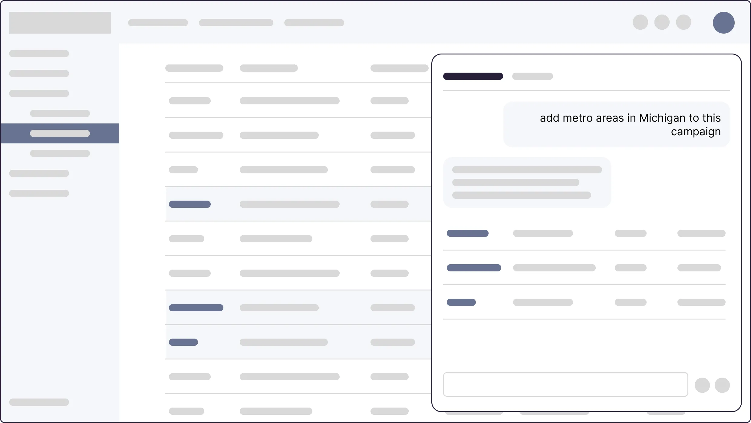 Wireframe of a declarative interface: the user types a natural-language request and the app composes a response.