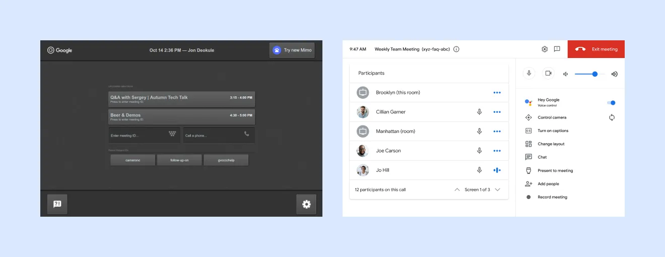 Side-by-side comparison of the old and new Google Meet meeting room touchscreen UI.