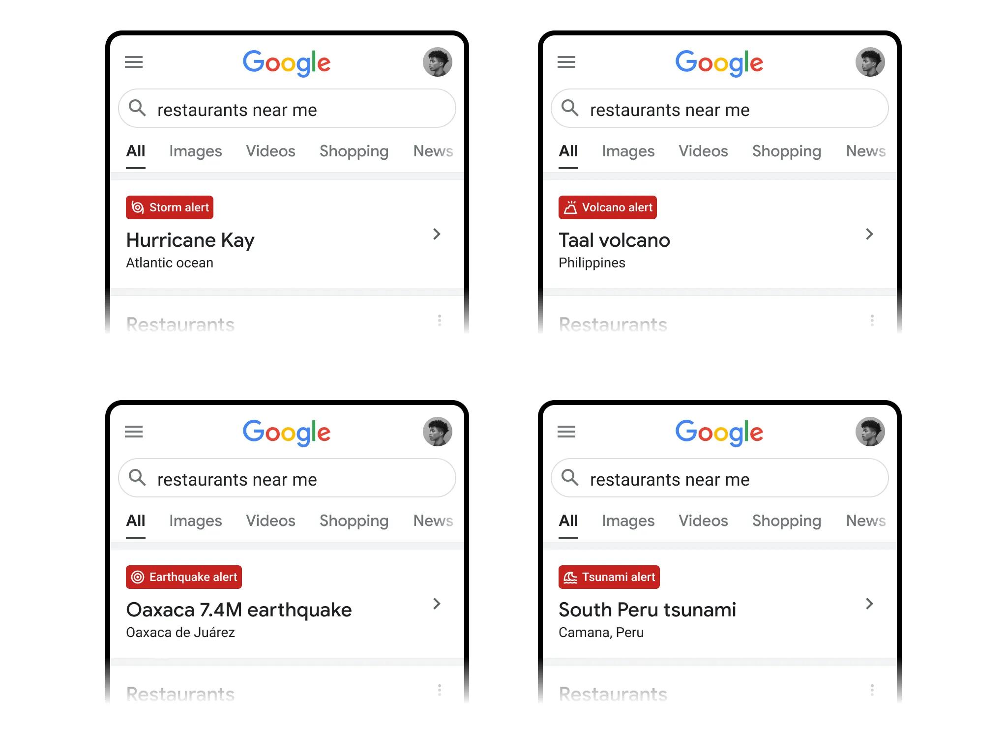 A grid of crisis-alert banner variants — hurricane, wildfire, earthquake, conflict — each with its own iconography and call to action.