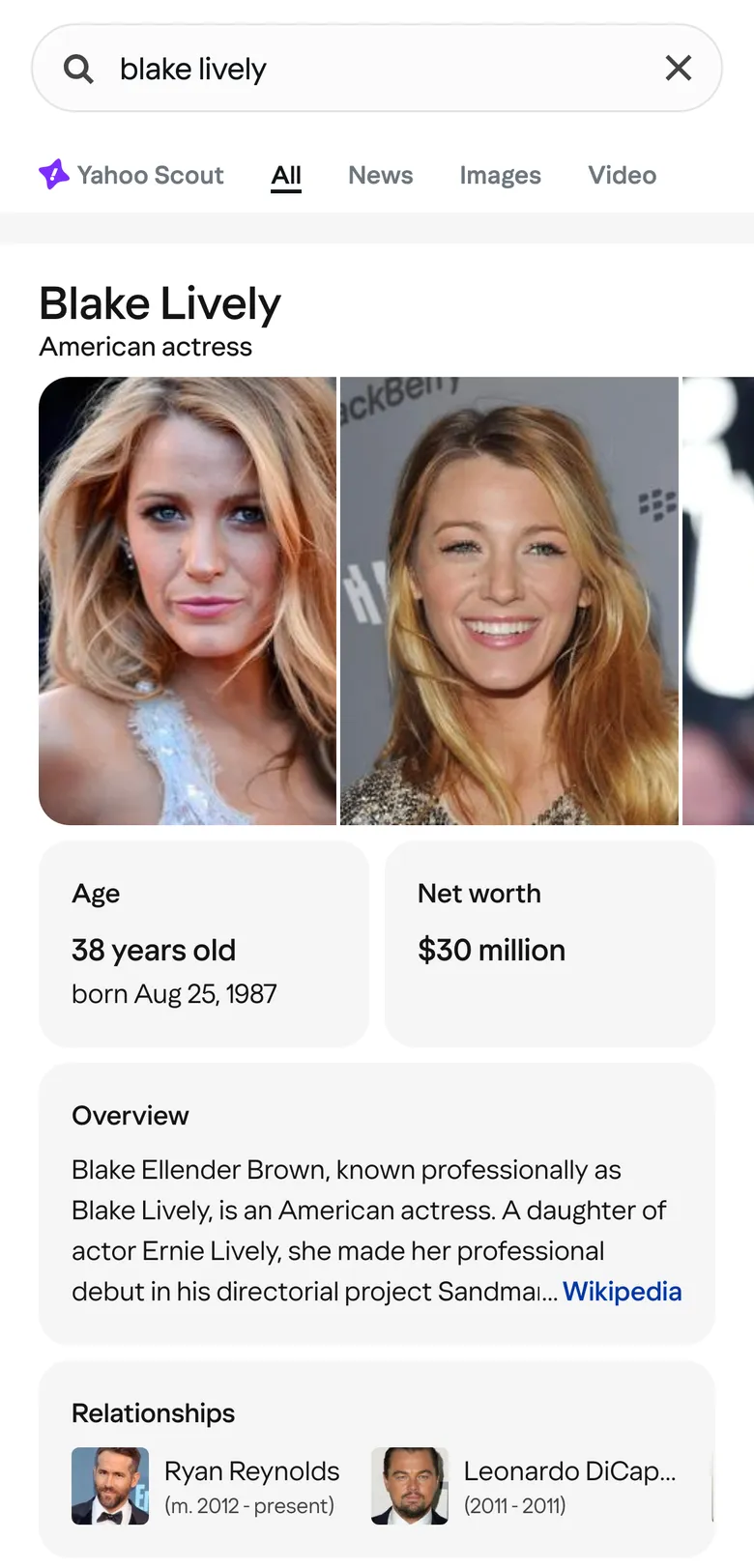 The redesigned mobile result for Blake Lively: large lead images, Age and Net worth pulled into cards, a four-line Overview card, and a Relationships module with photo tiles, all on filled surfaces without dividers.