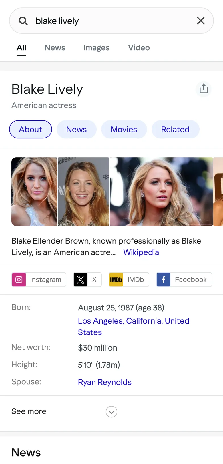 The legacy Yahoo Search mobile result for Blake Lively: gray subtitle, a strip of small thumbnails, a one-line truncated bio, small social-link chips, a dense label-and-value fact table, and hairline dividers between every section.