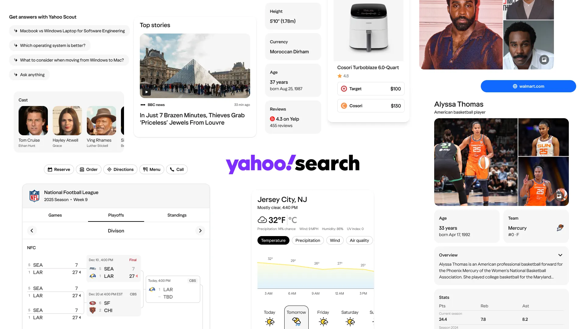 A grid of Yahoo Search components rendered in the refreshed design language: result cards, filters, knowledge panels, and CTAs.