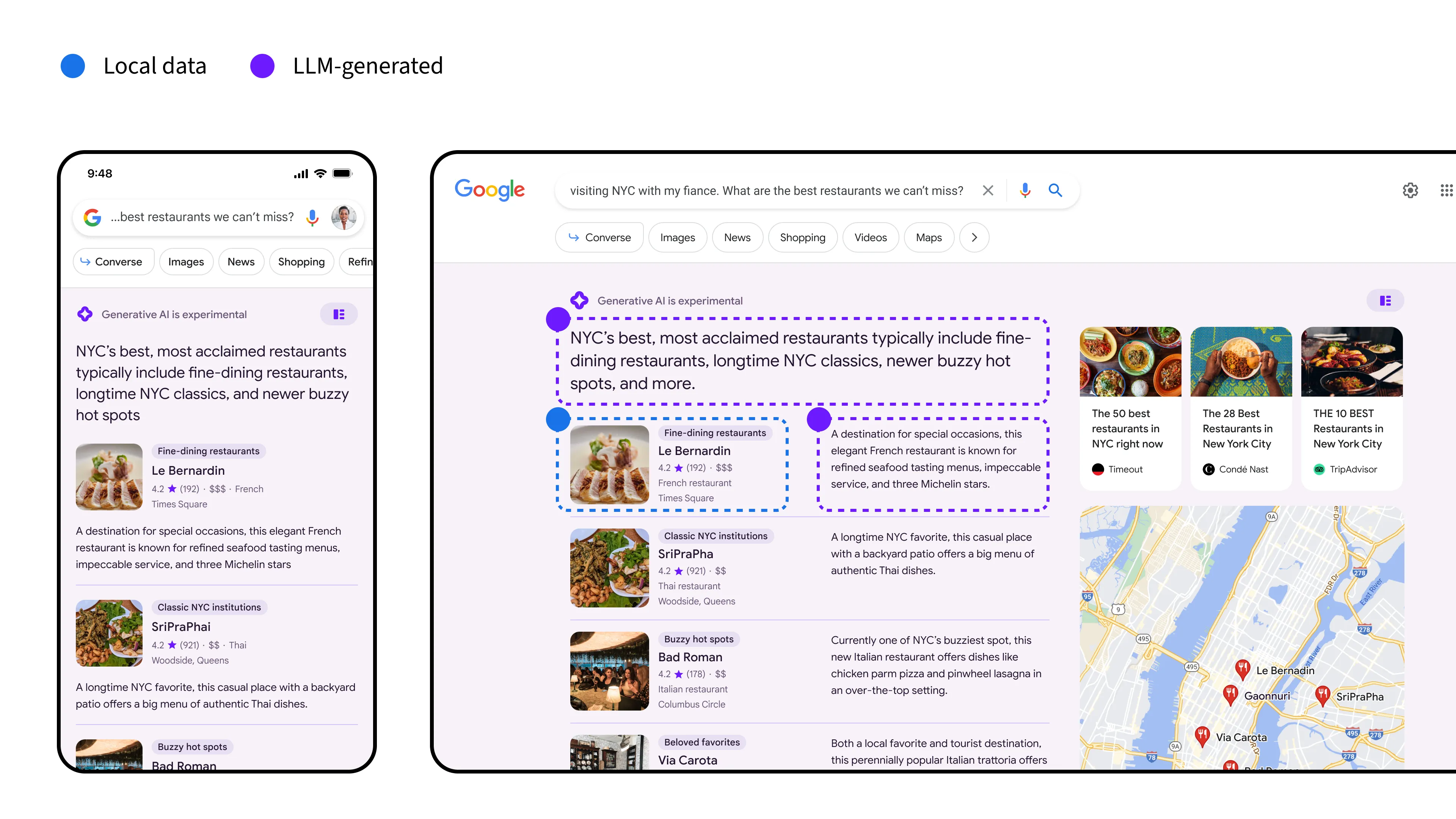 A Search Generative Experience result for a local query, with structured place facts on the left and an LLM-written summary on the right.