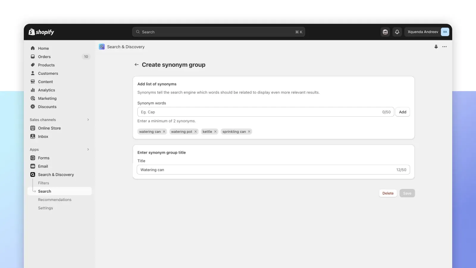 The Shopify Admin Search & Discovery app screen for adding a synonym, with a search term and its alternate phrasings listed.