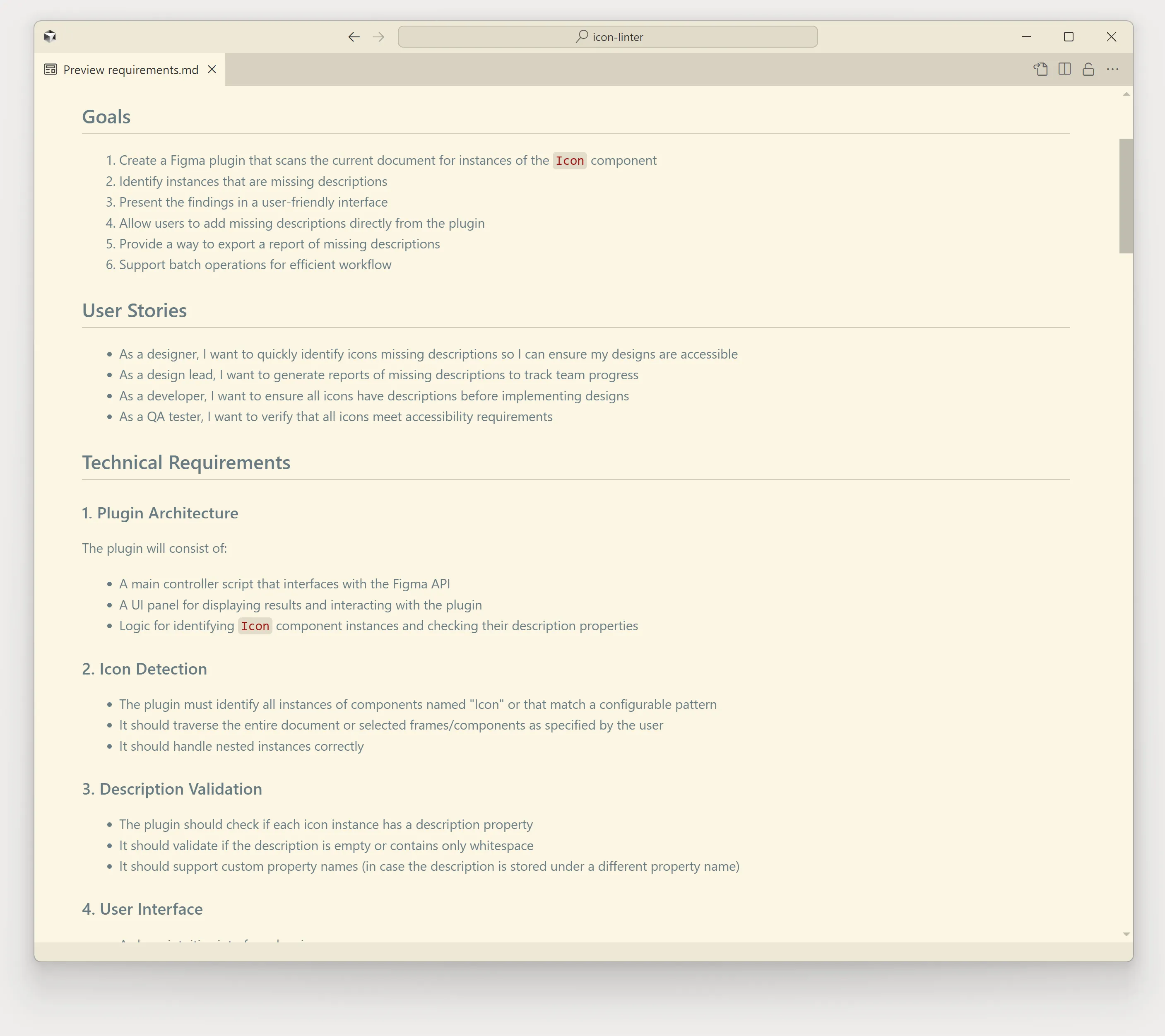 A screenshot of a Cursor chat where the assistant has produced a structured product requirements document from a single high-level prompt.